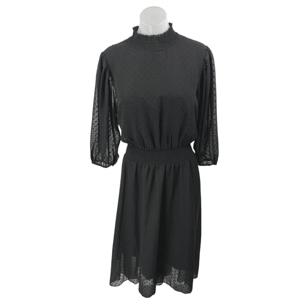 Nanette Lepore Black Half Sleeve Swiss Dot Mock Neck Fit & Flare Maxi Dress 10